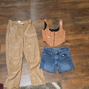 Tan Faux Leather Pants and Brown Crop Top with Denim Shorts